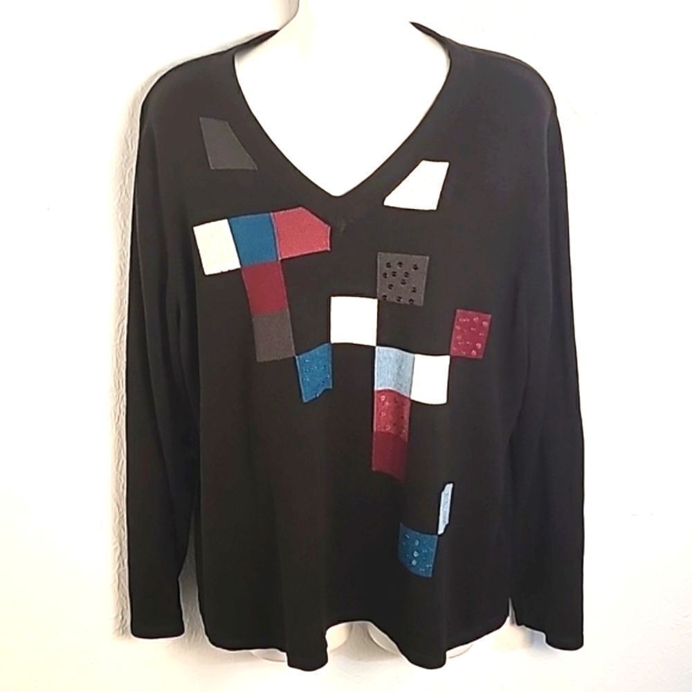 C.J. Banks Black Sweater with Colorful Accent Squares on Front, Size 1X